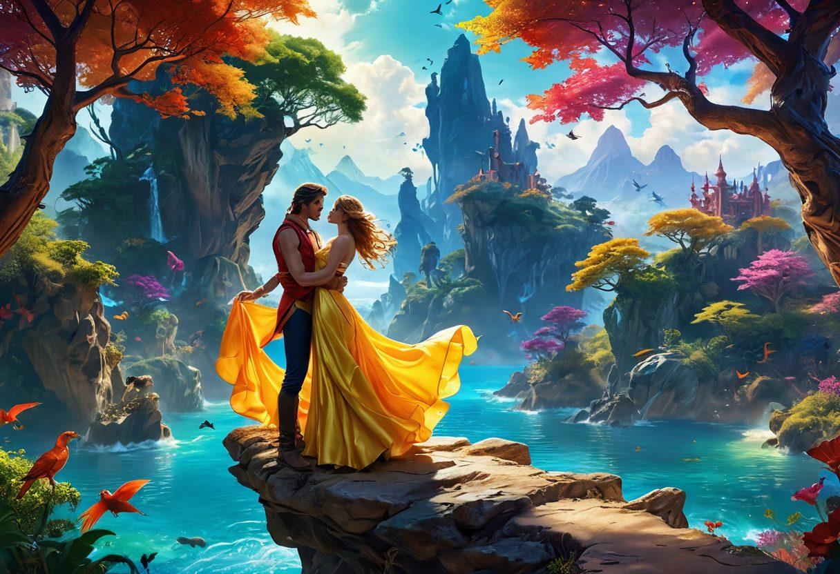 A tantalizing scene featuring an alluring fantasy world with seductive characters engaged in playful and adventurous activities. Include vibrant, fantasy-inspired colors and creatively designed settings that evoke excitement and intrigue. Emphasize animations with dynamic poses and flirtatious expressions. The background should be an enchanting landscape, enhancing the overall allure. super-realistic. vibrant colors. fantasy art.