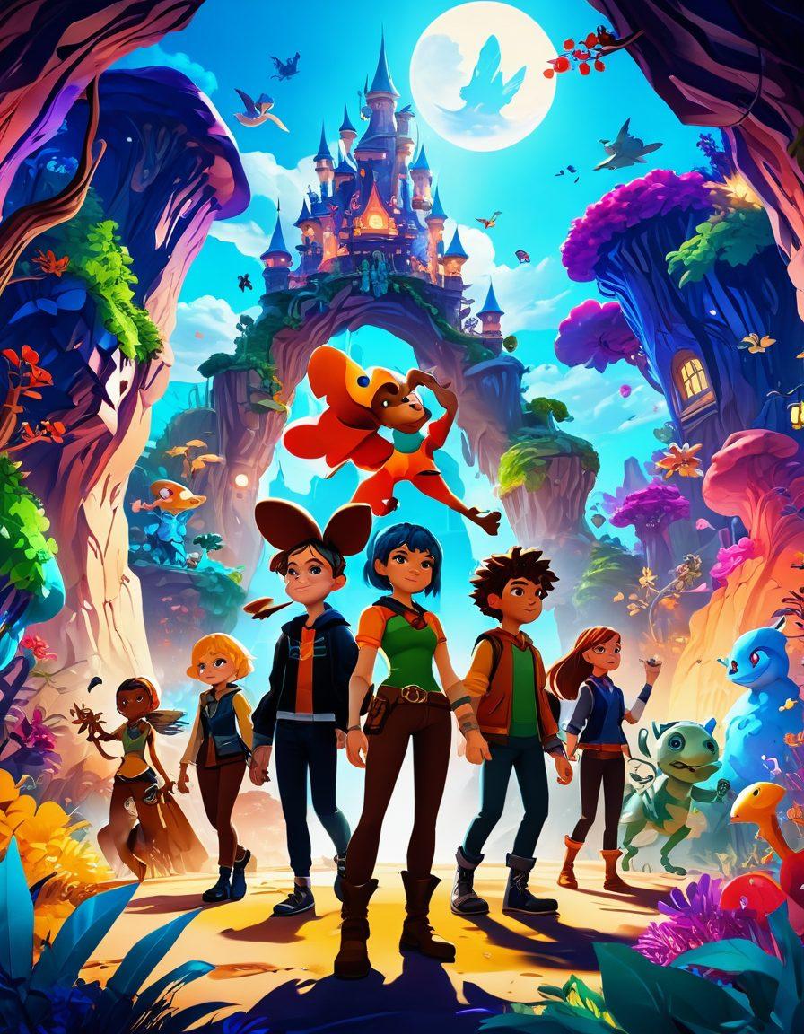 A vivid scene of a diverse group of animated characters exploring a vibrant virtual world filled with magical landscapes and interactive elements, each character expressing curiosity and excitement. Include elements representing various adult game themes, such as fantasy, adventure, and romance, all intertwined in a playful atmosphere. The background should be colorful and dynamic, with details that hint at captivating gameplay experiences. super-realistic. vibrant colors. 3D.